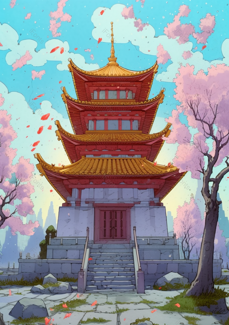 天空下的亭台楼阁卡通简约背景,插画/手绘图,插画/手绘图库,插画/手绘图下载,插画/手绘